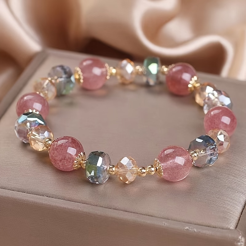 

1pc Bohemian Style Strawberry Faux Crystal Beaded Bracelet For Women, Accessory With Multicolor Accents