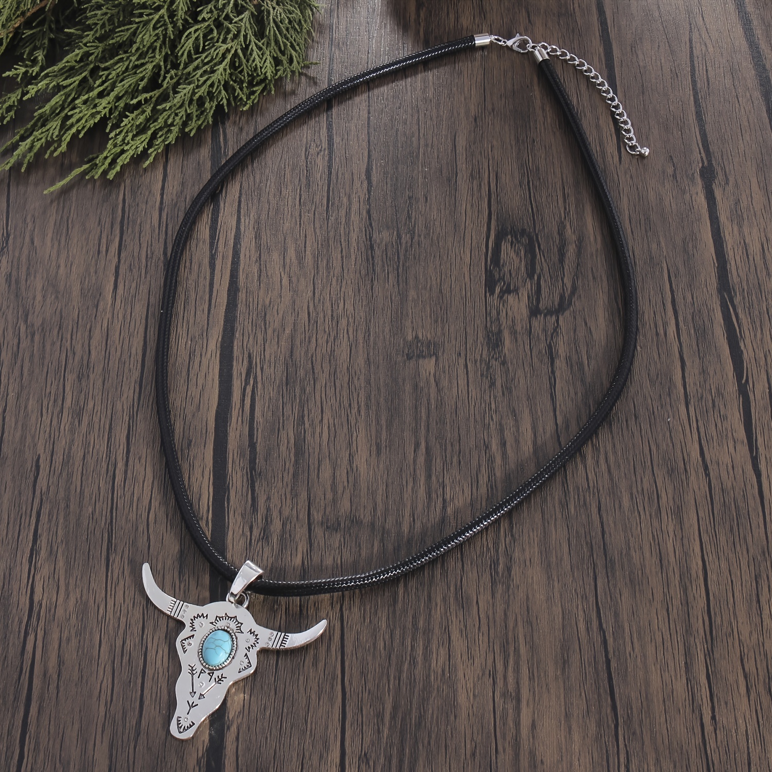 Mens Silver Longhorn Head Necklace on Black Leather Cord