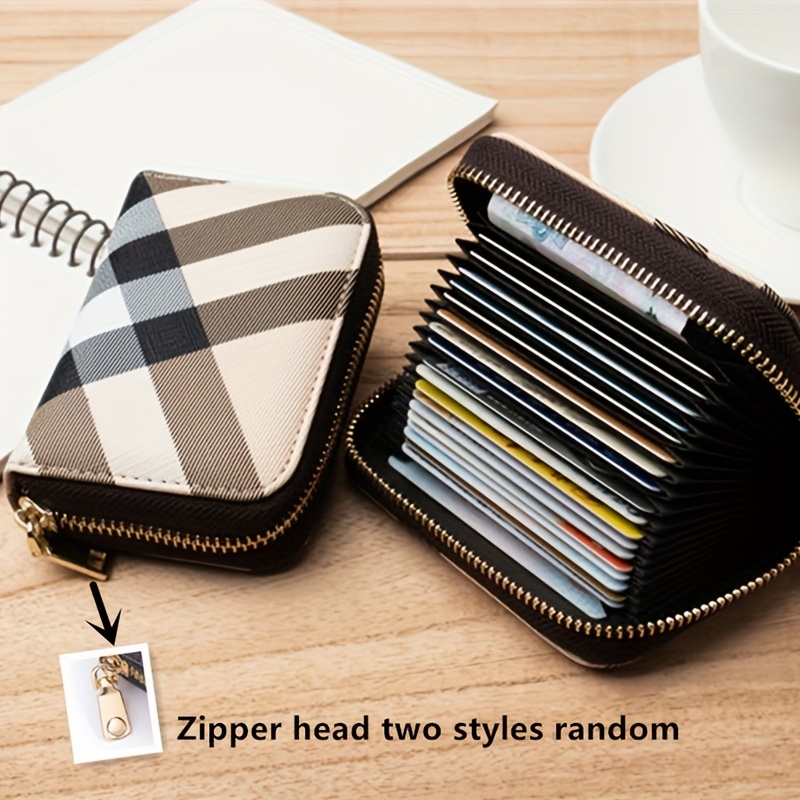 Plaid Pattern Card Holder, Mini Zipper Around Coin Purse, Faux