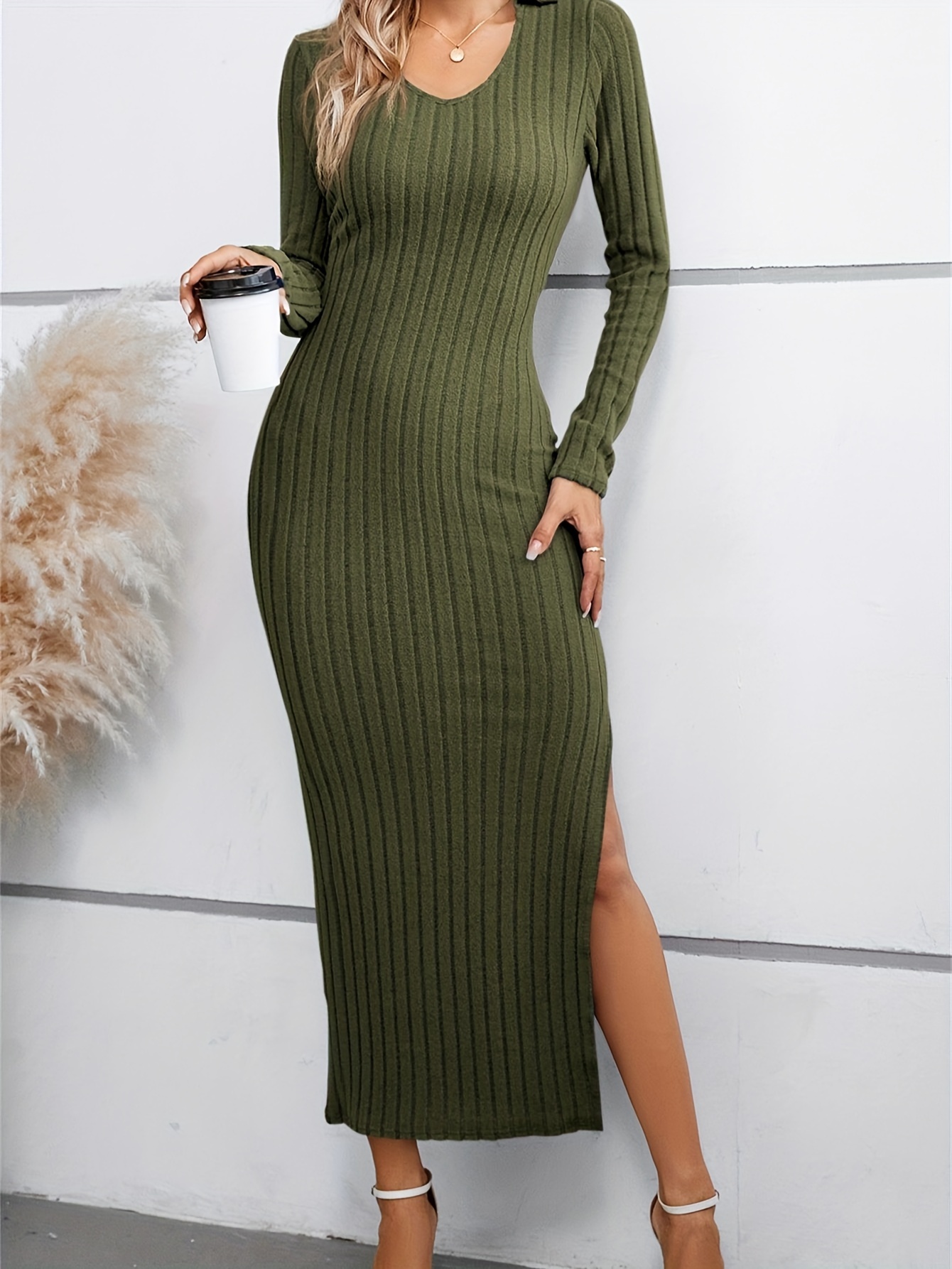 chic ribbed knit bodycon dress side slit long sleeve crew - Temu United  Arab Emirates