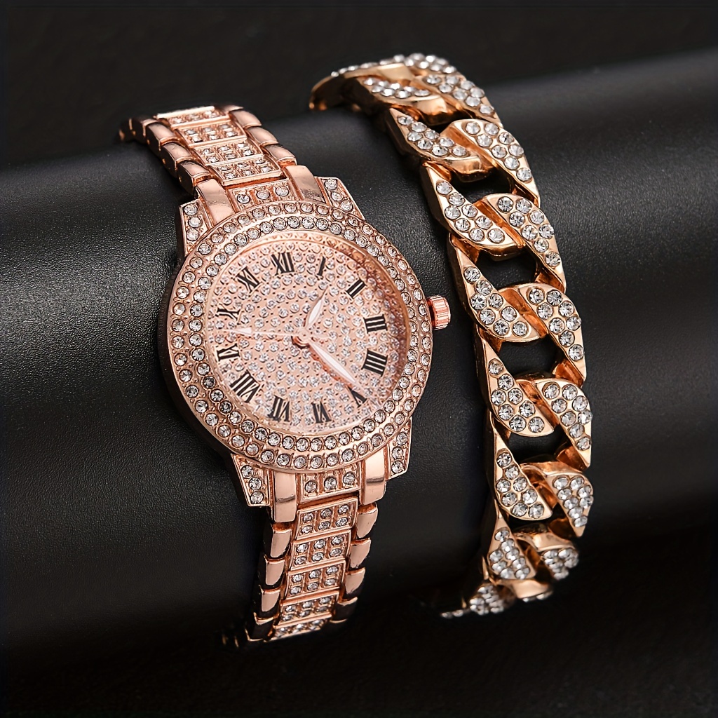 

1/2pcs/set Luxury Rhinestone Quartz Watch Hiphop Fashion Analog Wrist Watch & Bracelet, Gift For Women Men