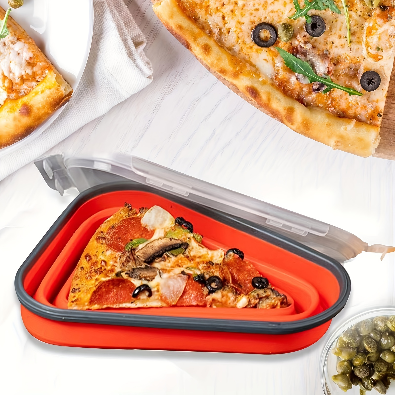 A Silicone Pizza Storage Container With Expandable Pizza Slice Container  And Foldable Pizza Box With 5 Trays, Safe For Fridge, Microwave And  Dishwasher