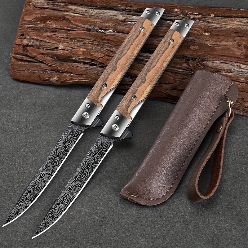 Foldable Outdoor Damascus Pattern Knife With Leather Sheath - Temu