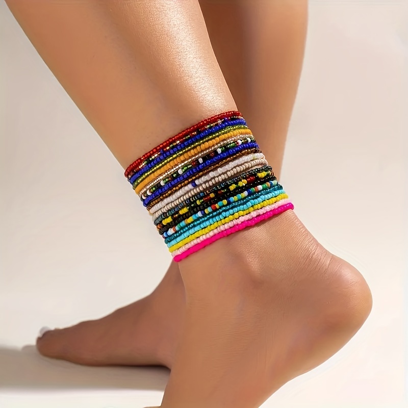 

10pcs Colorful Mini Rice Beads Beaded Anklet Set Boho Style Stackable Ankle Bracelet Set For Women