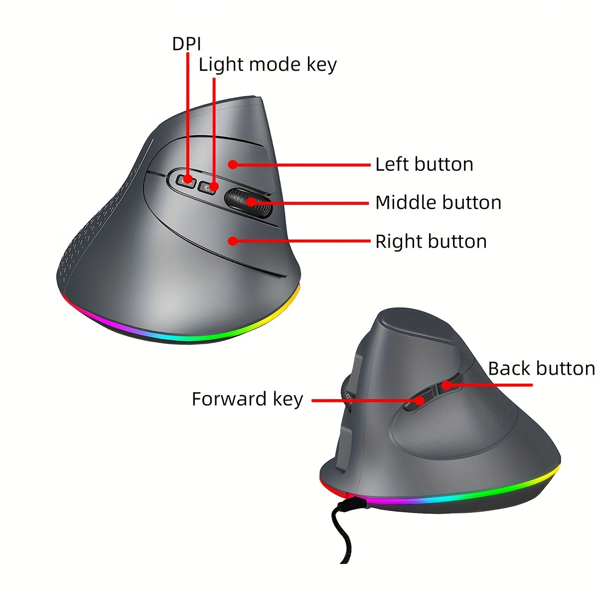 Souris ergonomique verticale filaire lumière RVB 7200 DPI réglable 7  boutons gauche et droit muet USB Plug and Play souris optique pour la  maison et