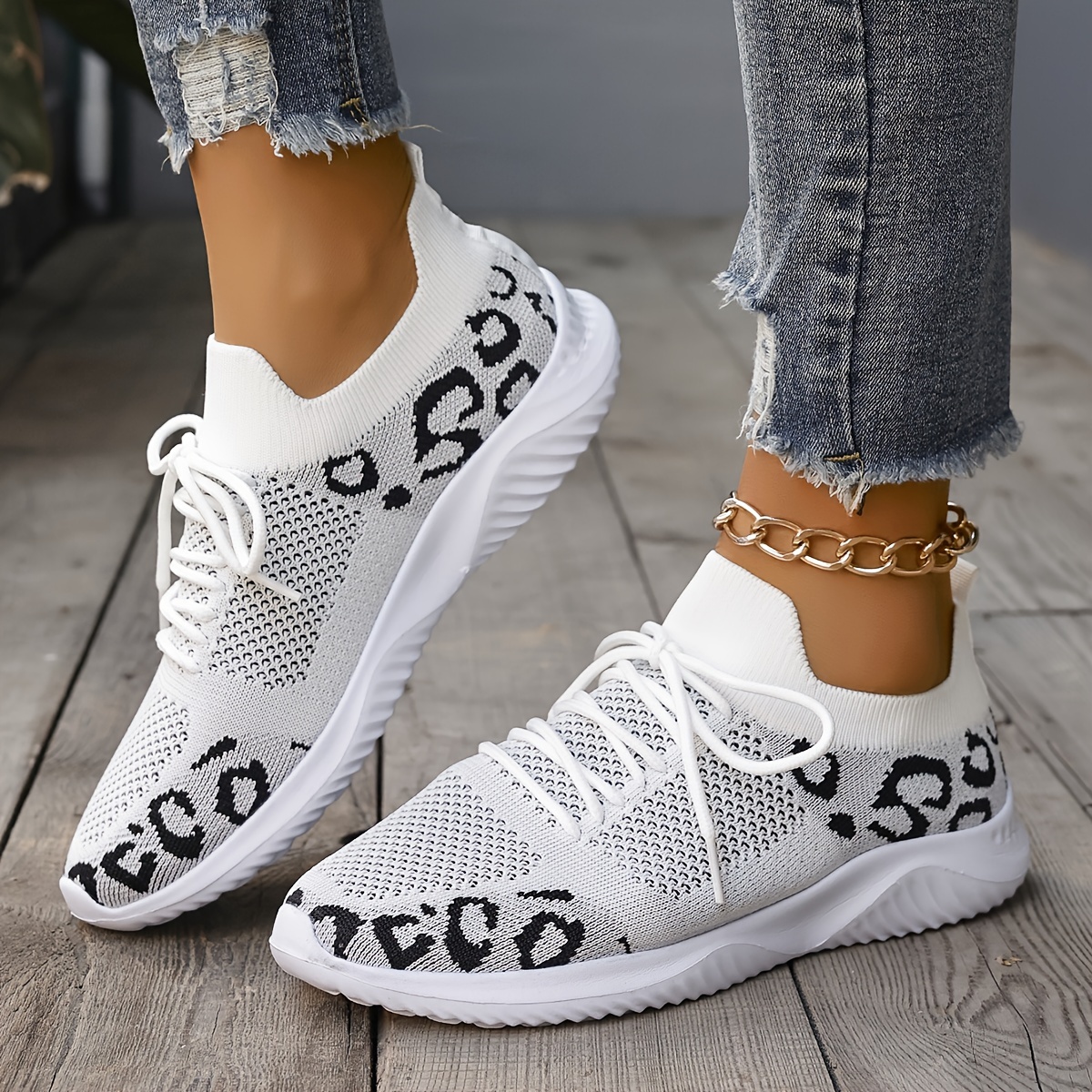 Women's Knitted Sports Shoes Leopard Printed Low Top Running - Temu