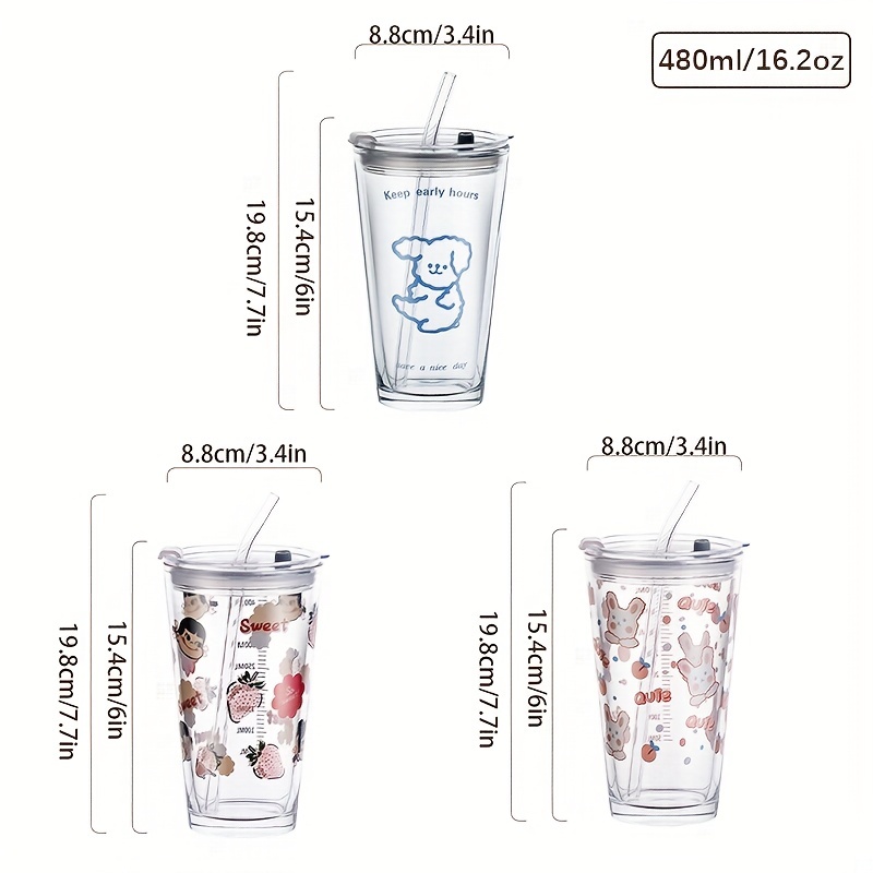 Glass Tumbler with Straw 13.5oz, Cute Glass Water Bottle Glass Cup