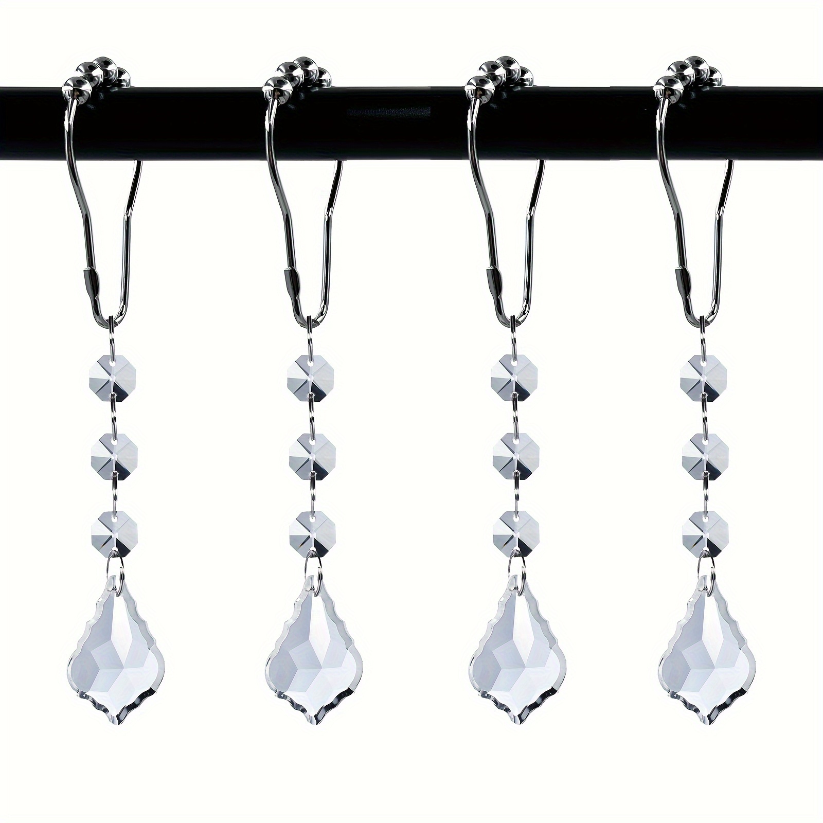 12pcs Crystal Drop Shower Curtain Hook, Decorative Shower Curtain Hooks,  Rust-proof Hooks For Shower Curtains, Bathroom Decoration Accessories
