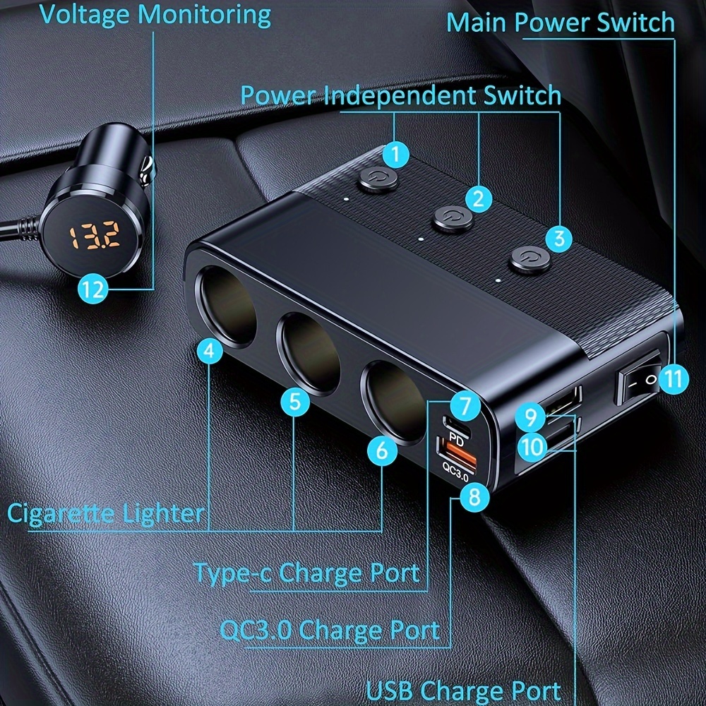 USB C Car Charger, 2 Sockets Cigarette Lighter Splitter 12/24V 80W