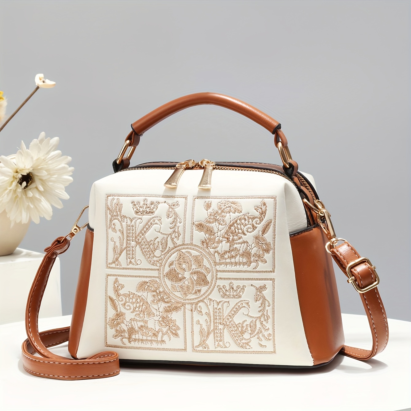 Retro Embroidery Shell Handbag, Women's Color Contrast Crossbody Bag,  Fashion Top Handle Satchel Purse - Temu