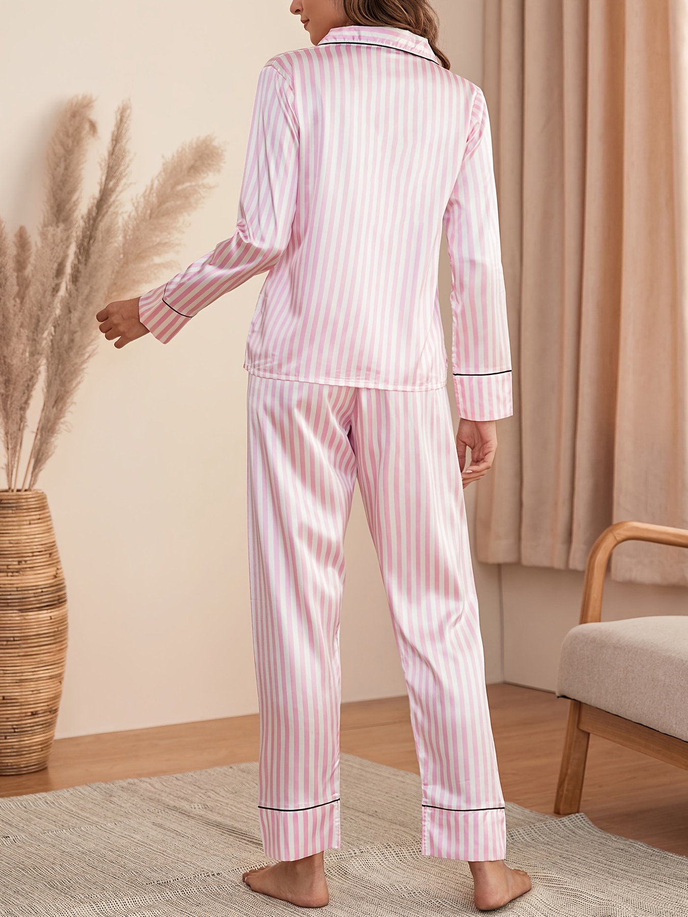 Women's Striped Silk Pajama Set Long Sleeve silk Sleepwear Stripe Silk PJS  Balck or Pink and white
