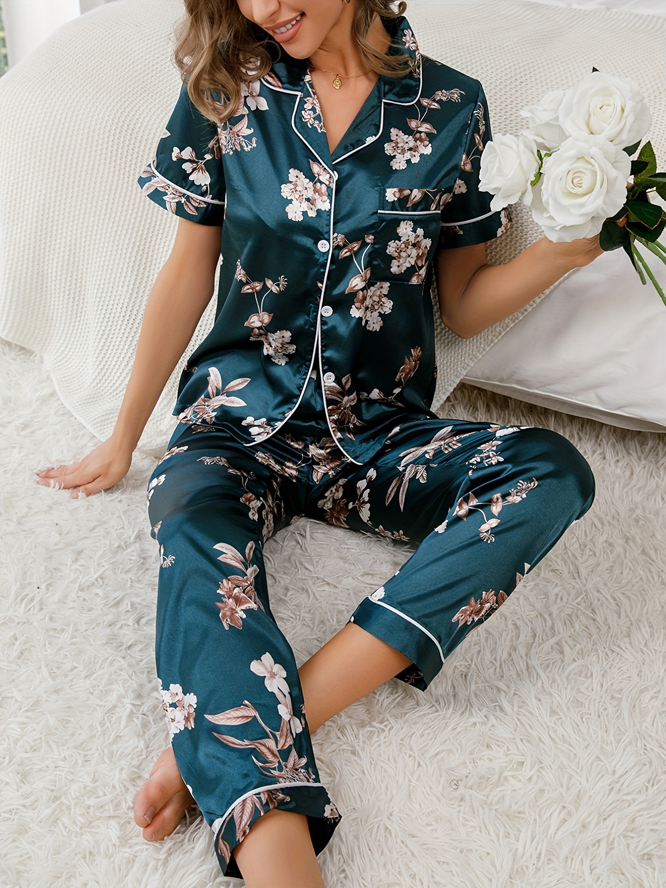 Floral Print Satin Pyjama Set Green