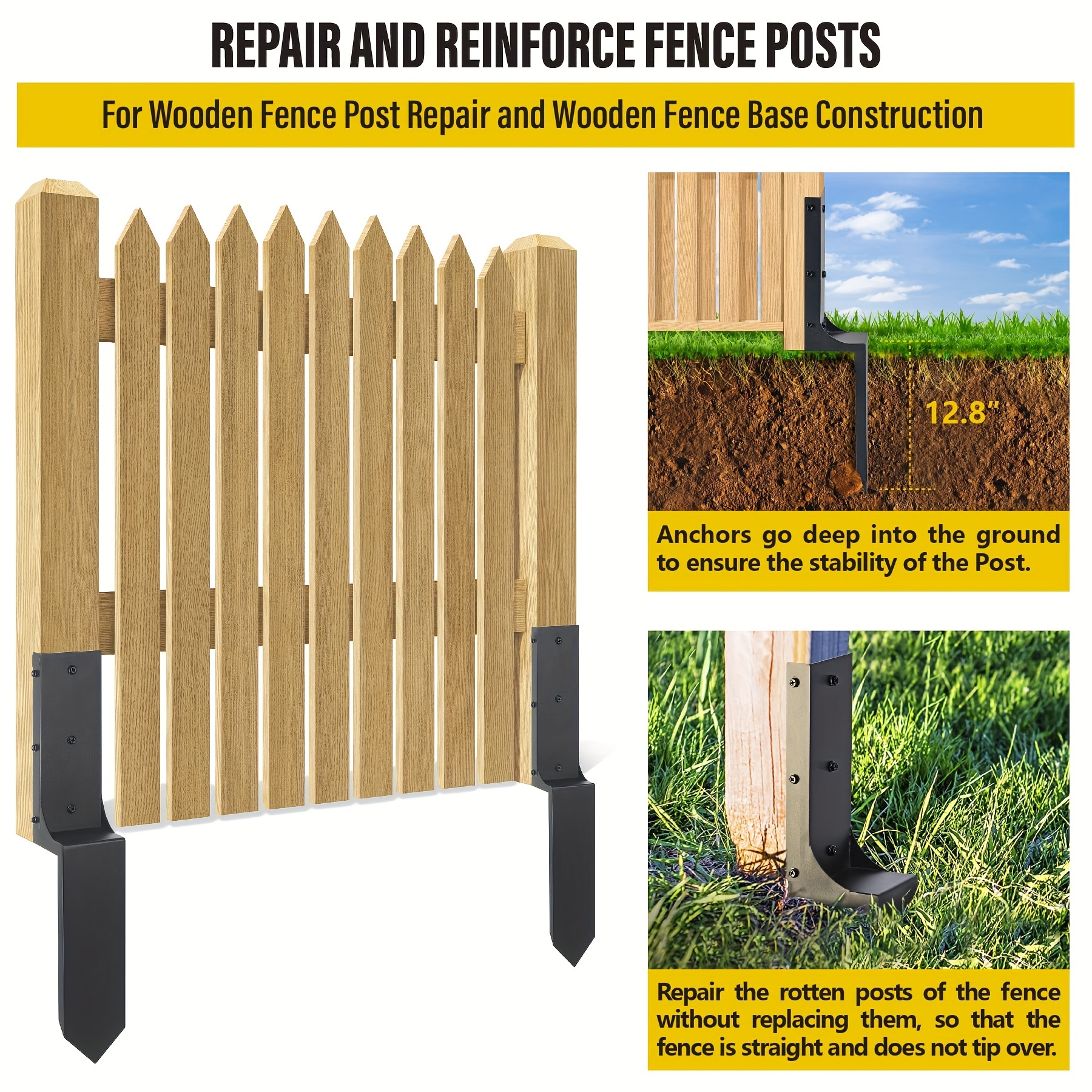 Fence Post Repair Kit, Heavy Duty Steel Fence Post Anchor Ground Spike for  Repair Tilted, Broken Wood Fence Post (Black - Set 2)