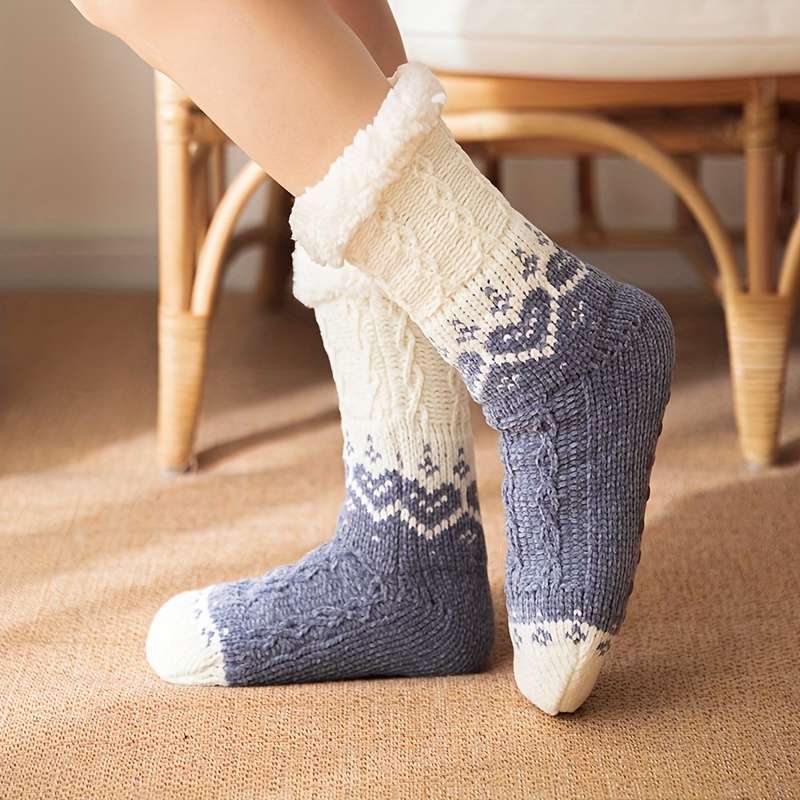 1 Pair Lady Winter Warm Knit Sherpa Lined Slipper Socks Thick Plush Non-slip