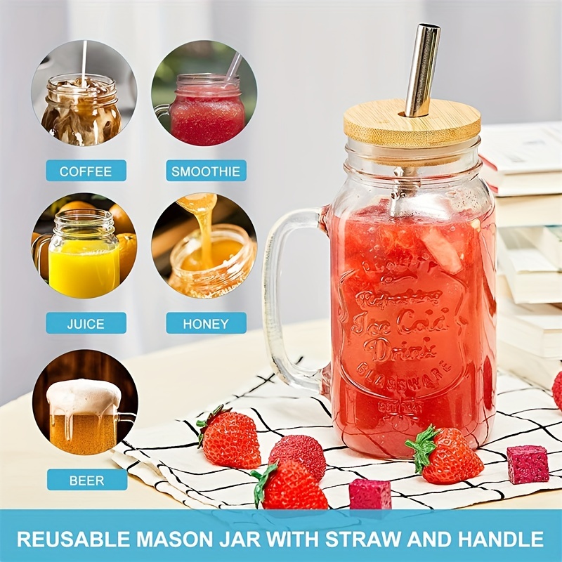 1pc/set Reusable 24oz Mason Jar Cup With Bamboo Lid, Glass Straw And Straw  Cleaning Brush - Perfect For Boba, Iced Coffee, Tea, Smoothies, Juices,  Glass Tumbler With Lid And Straw, Iced Coffee
