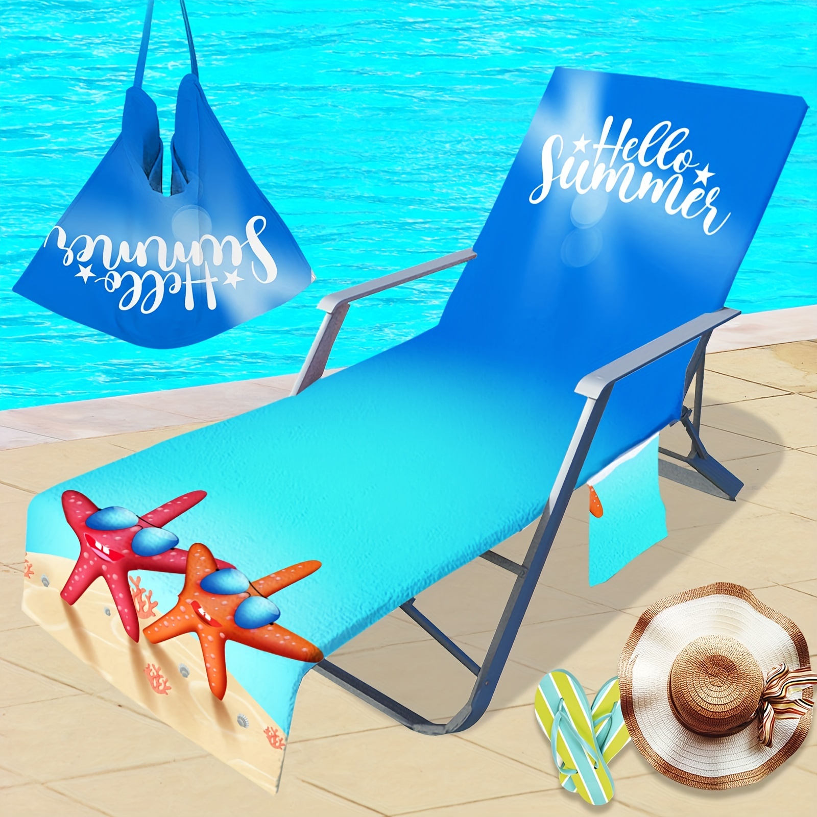 

1pc Starfish Printed Beach Chair Cover, Letter Printed Blue Quick Drying Pool Chair Cover, Absorbent Sunbathing Chair Cover, Garden Hotel Chair Cover With Pocket, Beach Essentials, Travel Supplies