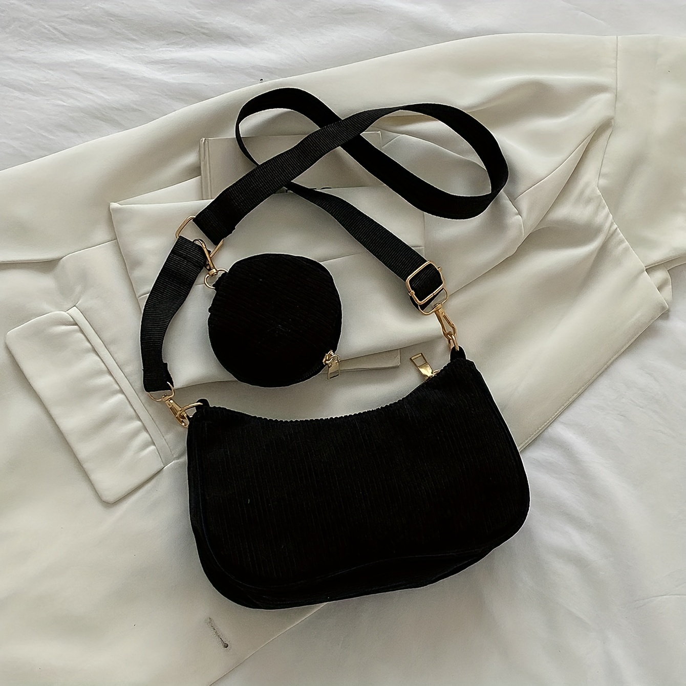 TEMU Fashionable Women's Corduroy Diagonal Shoulder Bag Wallet 2pcs Set Bag