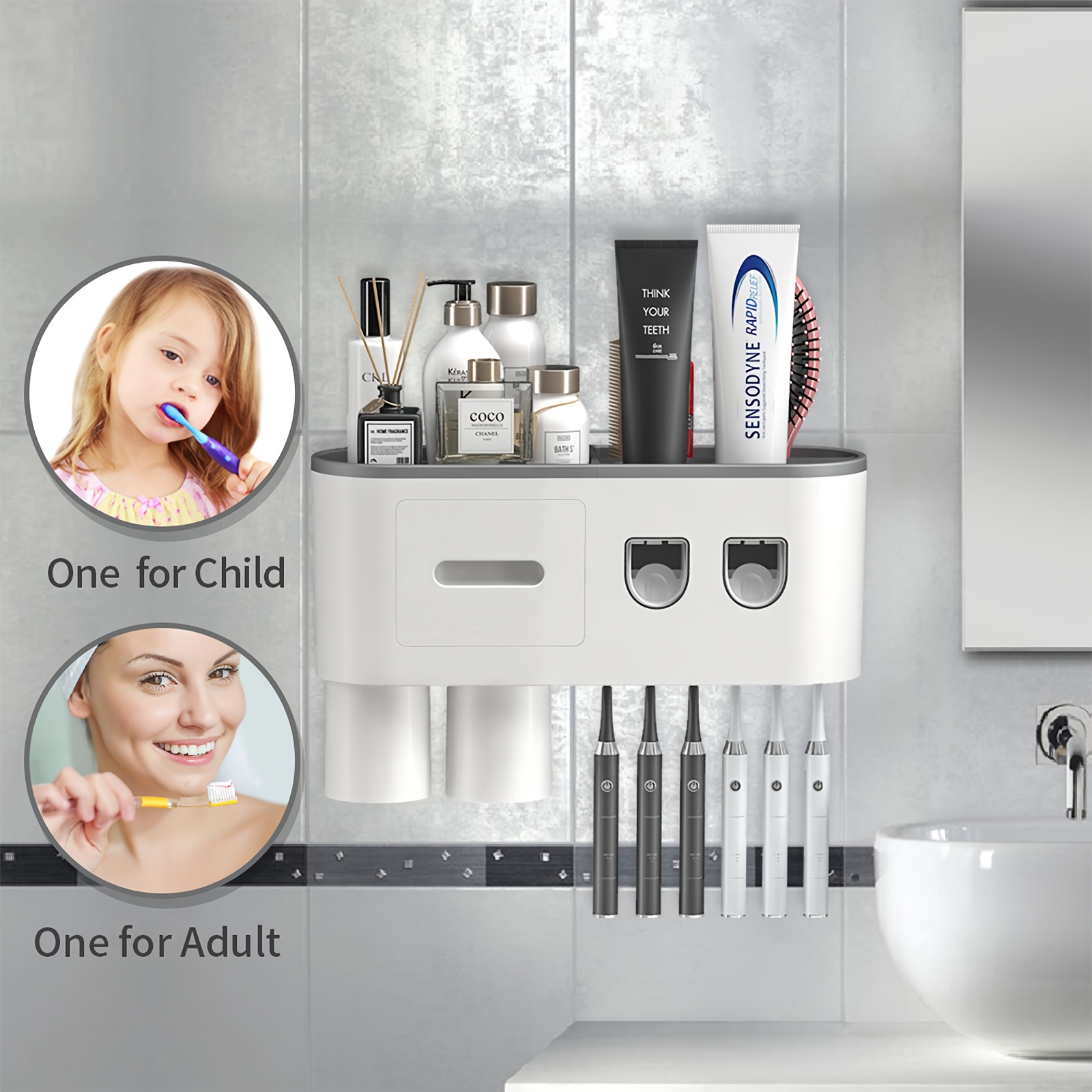 iHave - Portacepillos de dientes de pared para baños con dispensador de  pasta de dientes, 4 vasos y 2 cajones para cosméticos, bandeja de gran