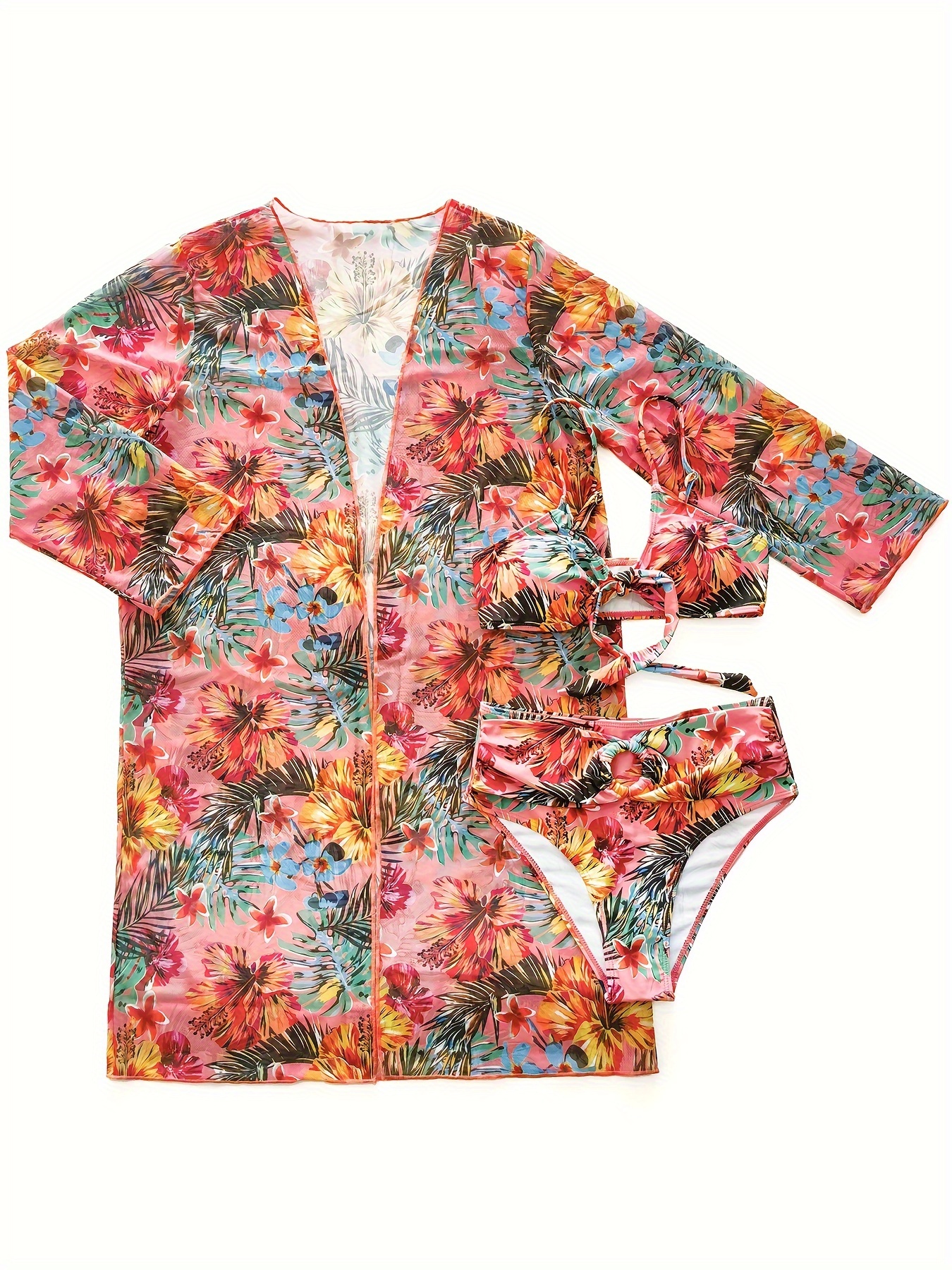 Knot Front Ring Belt Bikini Long Sleeve Cover Tropical Print - Temu Canada