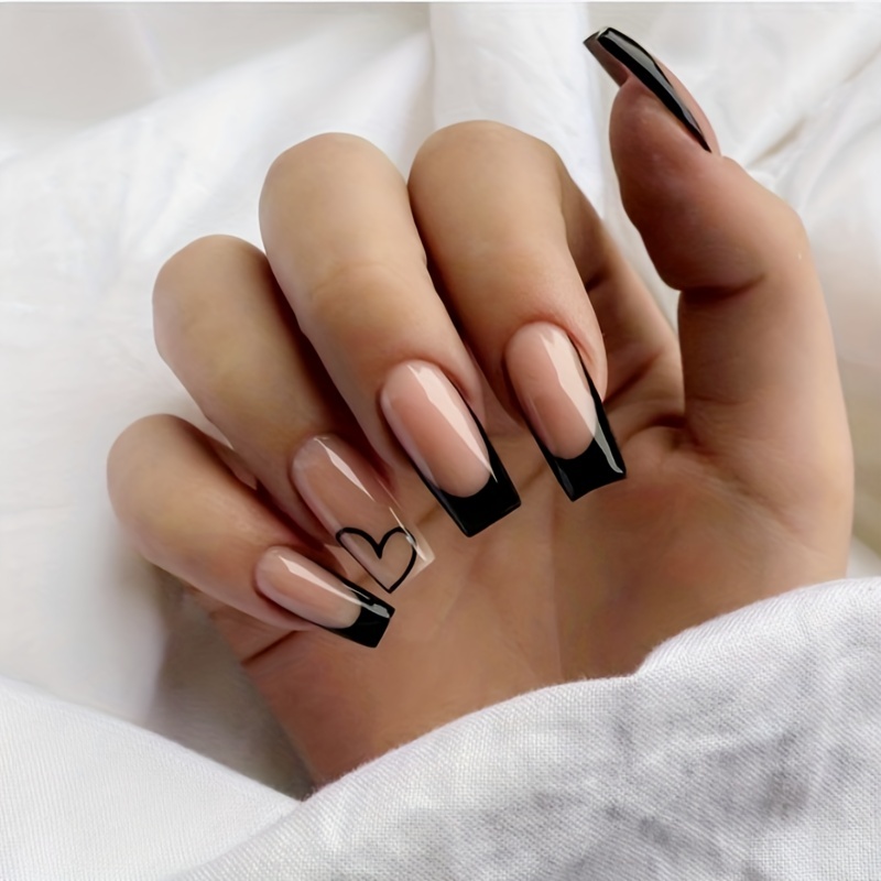 

24pcs Medium Square Fake Nails, Black French Tip Press On Nails With Heart Design, 1pc Nail File & 1nail Glue Sticker, For Mother Women Nails Supplies