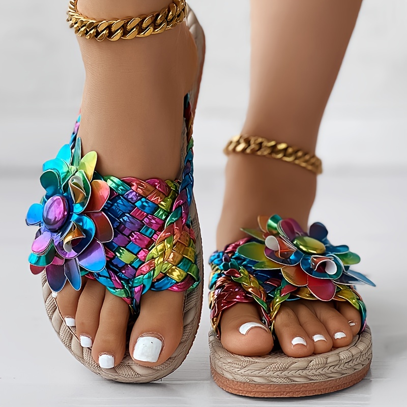 Women's Colorful Floral Decor Thong Sandals, Slip On Open Toe Non-slip  Lightweight Shoes, Vacation Summer Beach Shoes