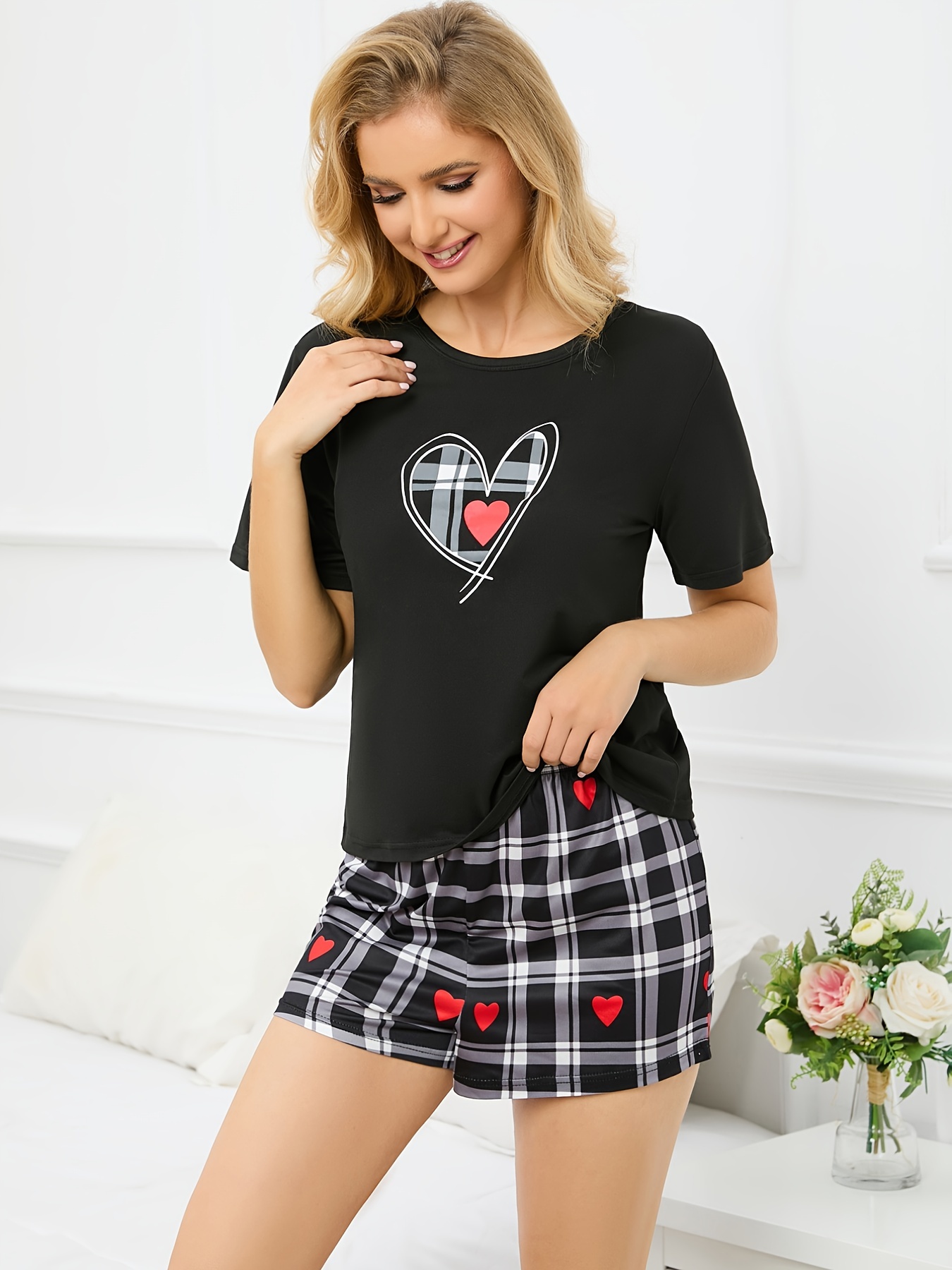 Love Black Gray White Plaid Print Pajamas Set Comfy Crew - Temu