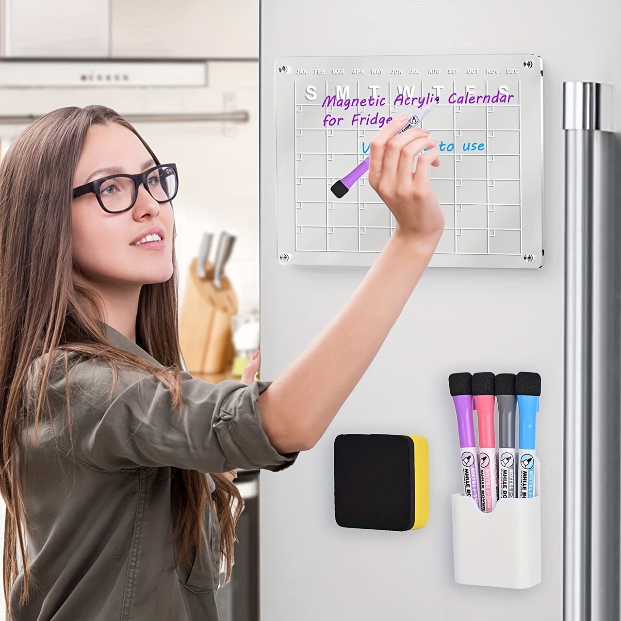 Magnetic Dry Erase Calendar Board Clear Acrylic Calendar WhiteBoard 16x12  for Fridge with 4 Color Markers