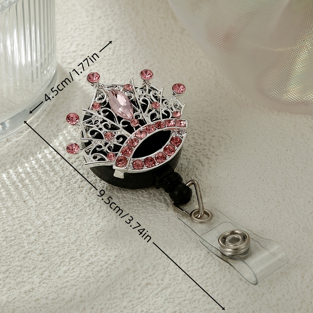 1pc Crystal Rhinestone Crown Retractable ID Card Name Card Holder Reel 70cm Retractable Easy Pull Buckle Employee Student Chest Tag,Badge Holders