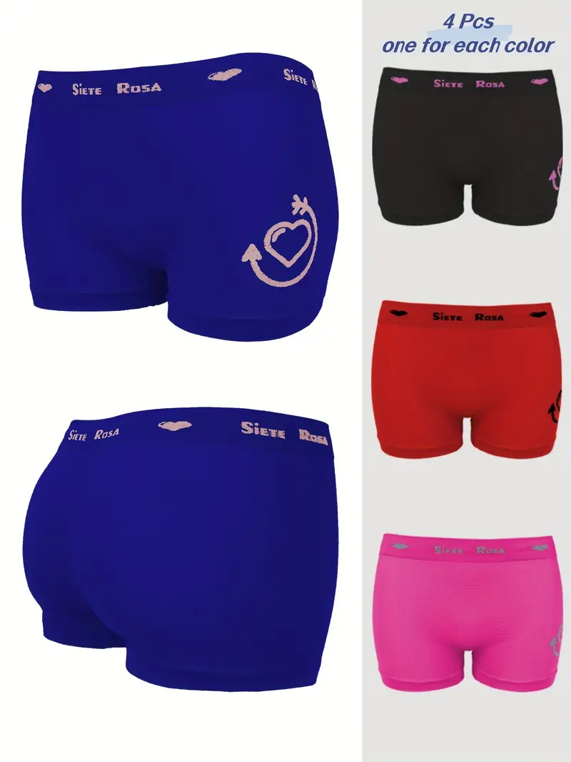 4 Pcs Cute Boyshort Panty, Heart Letter Print High Stretch Quick Dry  Intimates Boxer Shorts, Women's Lingerie & Underwear