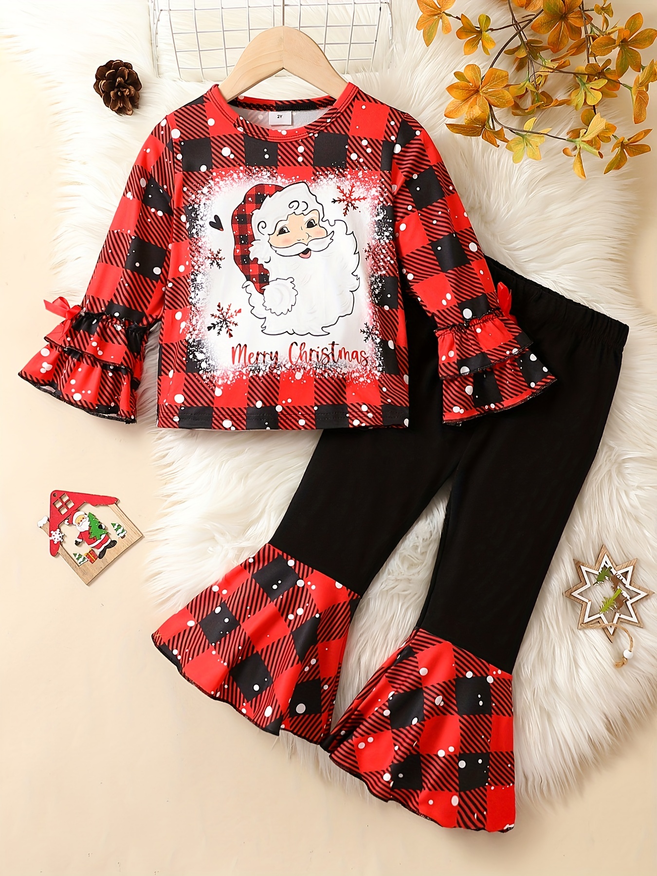 Kids Girls Casual Outfits Christmas Long Sleeve Santa Claus Print Dress  Leggings Pants Sequins Bow Headband Xmas Party Clothes Set