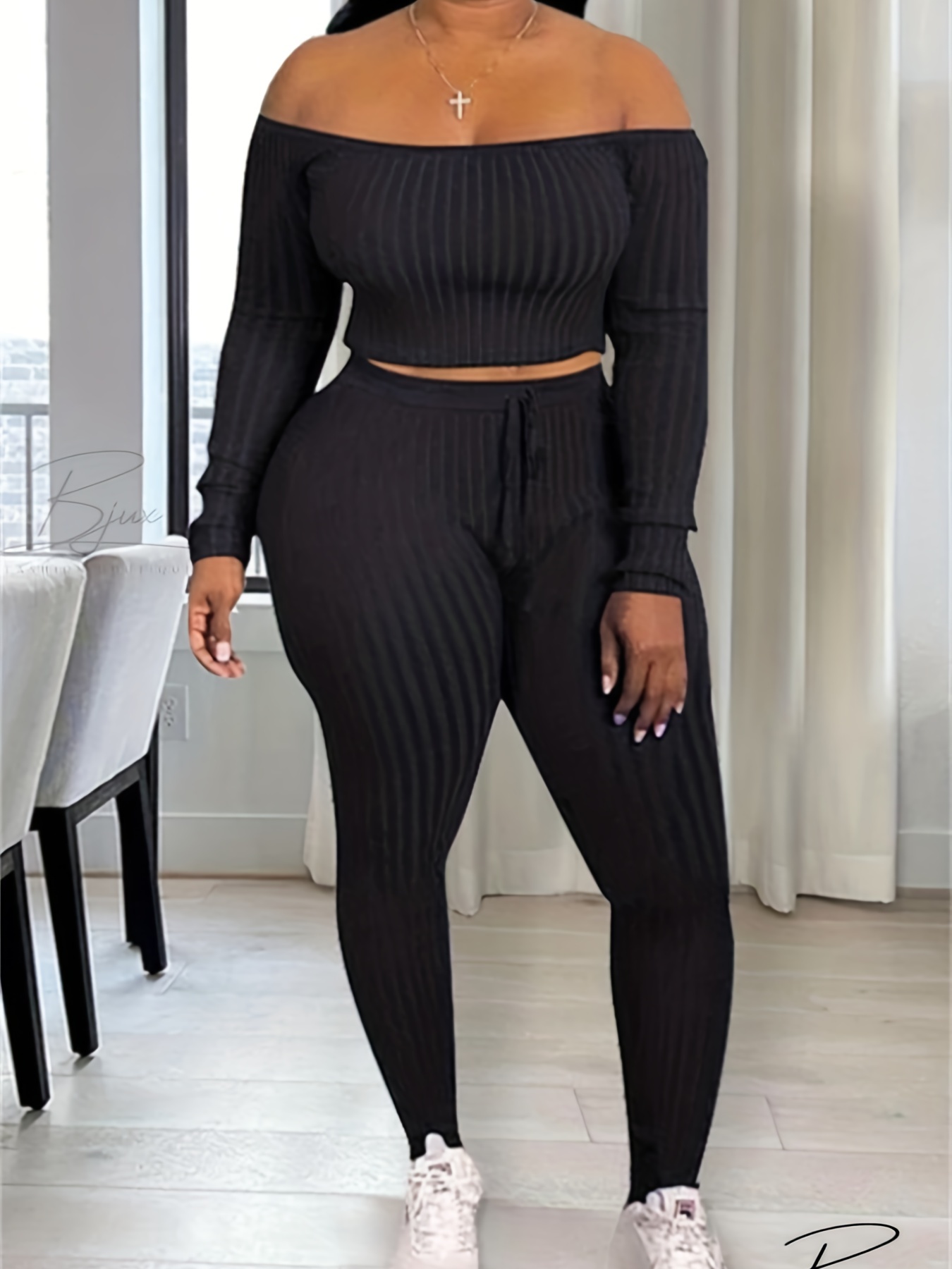 Plus Size Casual Outfits Set, Women's Plus Solid Long Sleeve V Neck Round  Hem Top & Leggings Outfits Two Piece Set