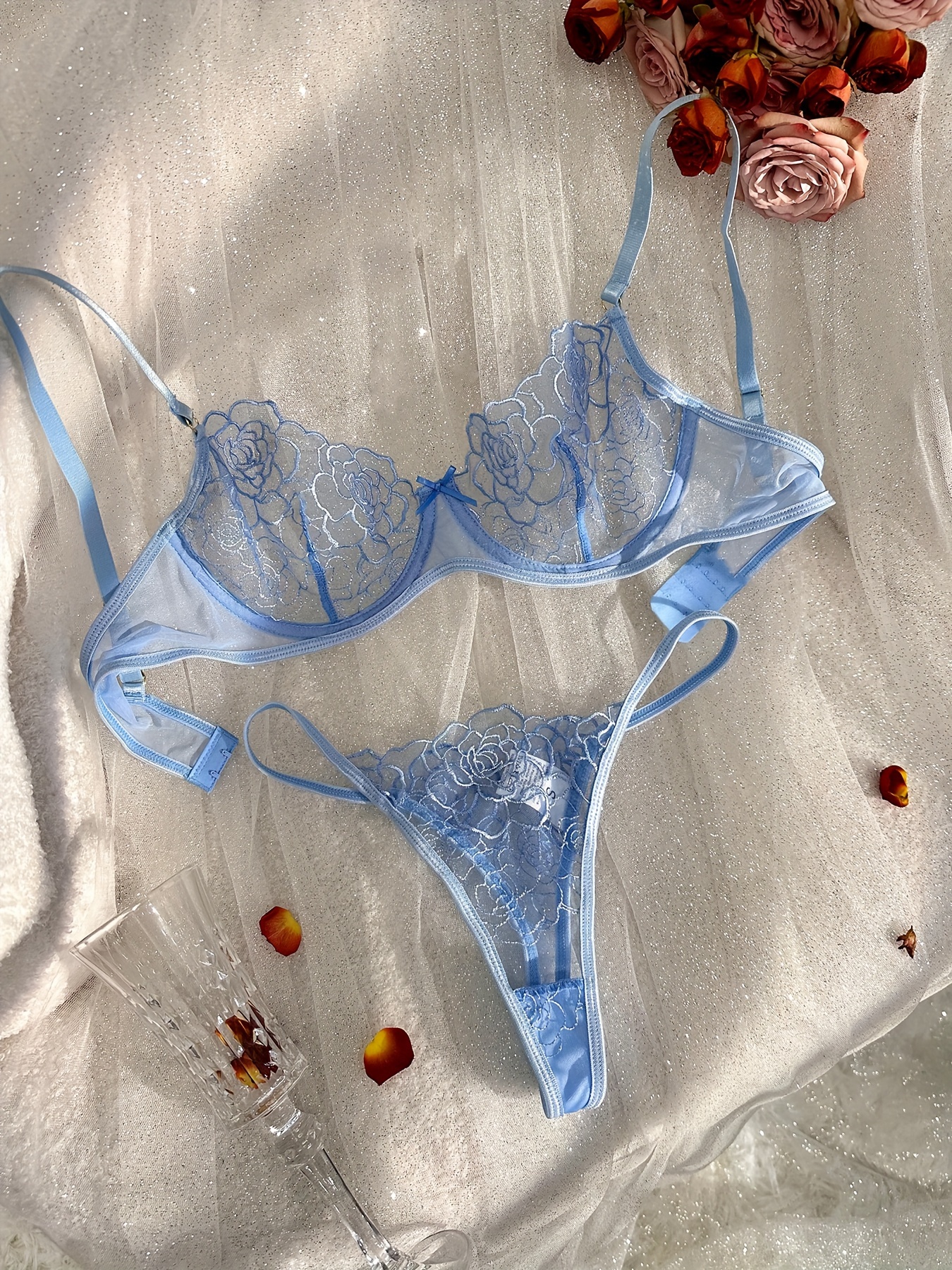 zdhoor Woman's Floral Lace Sheer Lingerie Set Half Demi Cup Shelf Bra  Strappy Panties G-String Teddy Outfit Blue OneSize : : Clothing,  Shoes & Accessories