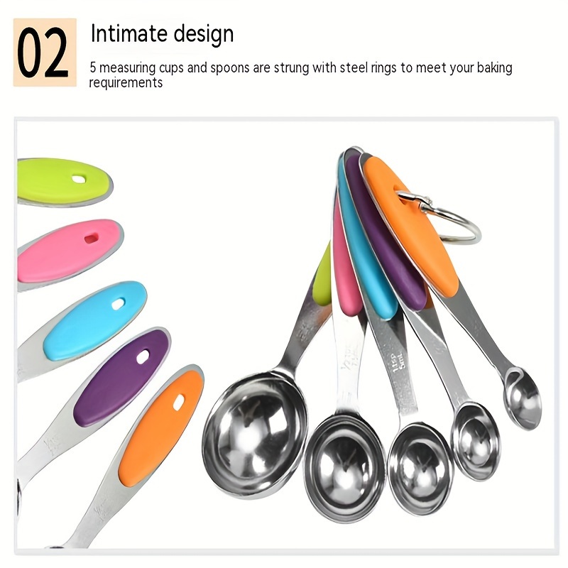 Measuring Cup, Stainless Steel Measuring Spoons and Cups With Colored Soft  Silicone Handles - Complete Set of 10 Measure Cups and Spoons For Cooking