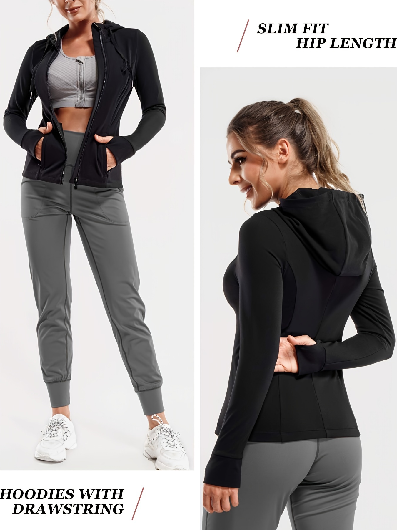 Sudadera Con Capucha De Yoga De Manga Larga Con Cremallera Completa Para  Mujer, Chaqueta Para Correr Y Hacer Ejercicio Con Orificio Para El Pulgar,  Ro