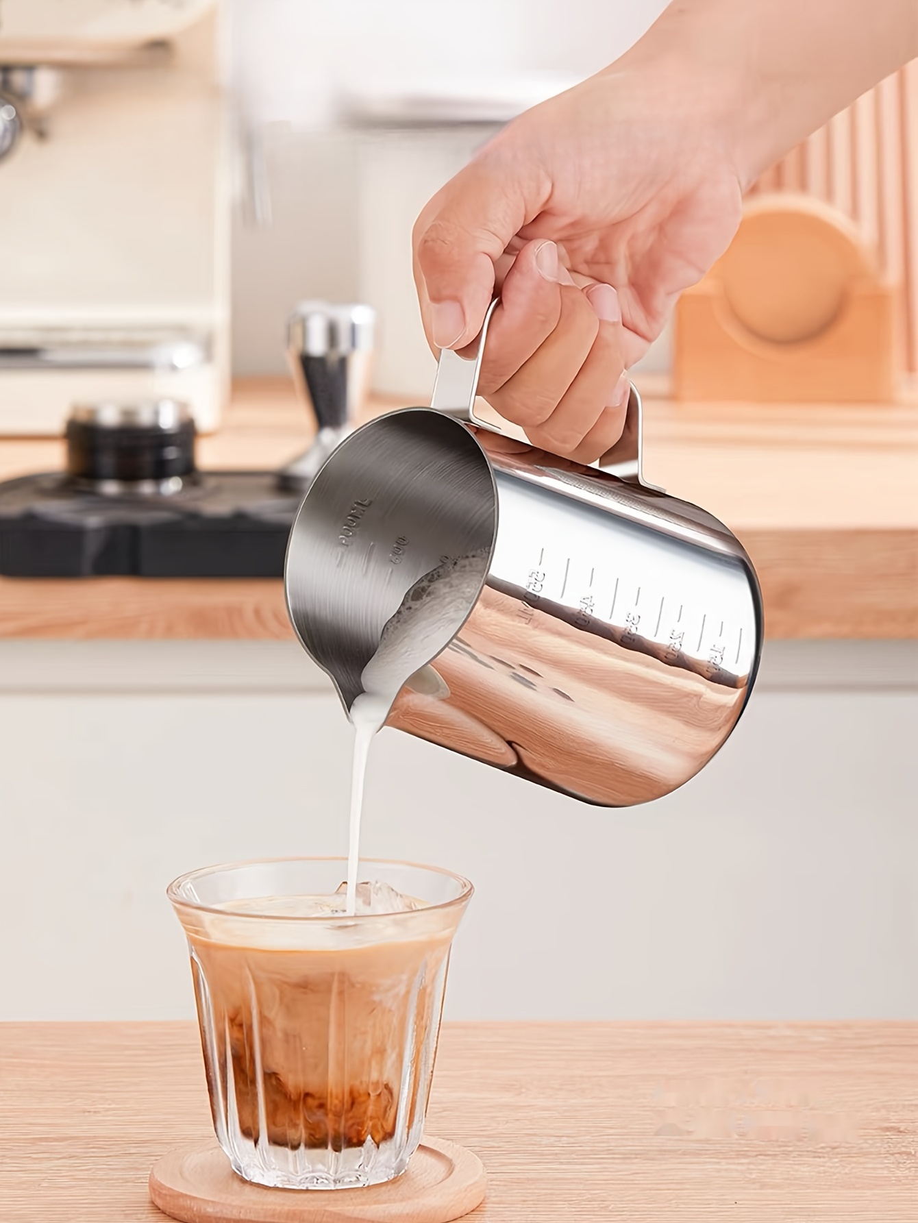 stainless steel   cup with measurement marks large capacity milk frothing pitcher for latte art cappuccino and iced tea   in 350ml 600ml 900ml details 5