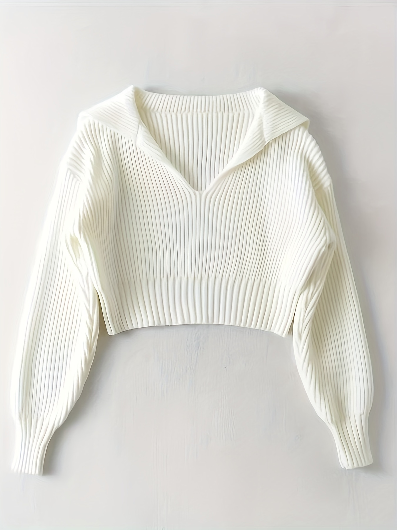 Solid Crop Rib Knit Sweater, Casual Long Sleeve V Neck Sweater, Women's Clothing