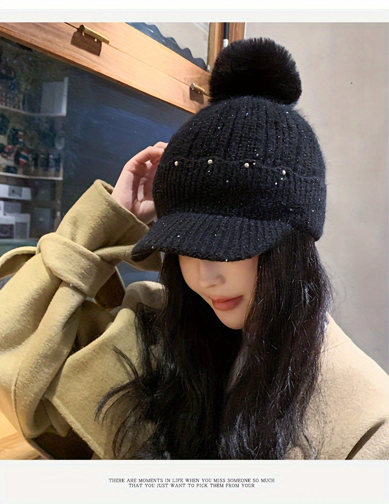 Oversized Faux Fur Beanie With Pom Elegant Faux Pearl Decor Ear Flap Hat  Thick Coldproof Knit Hats For Women Winter Outdoor - Temu Mexico