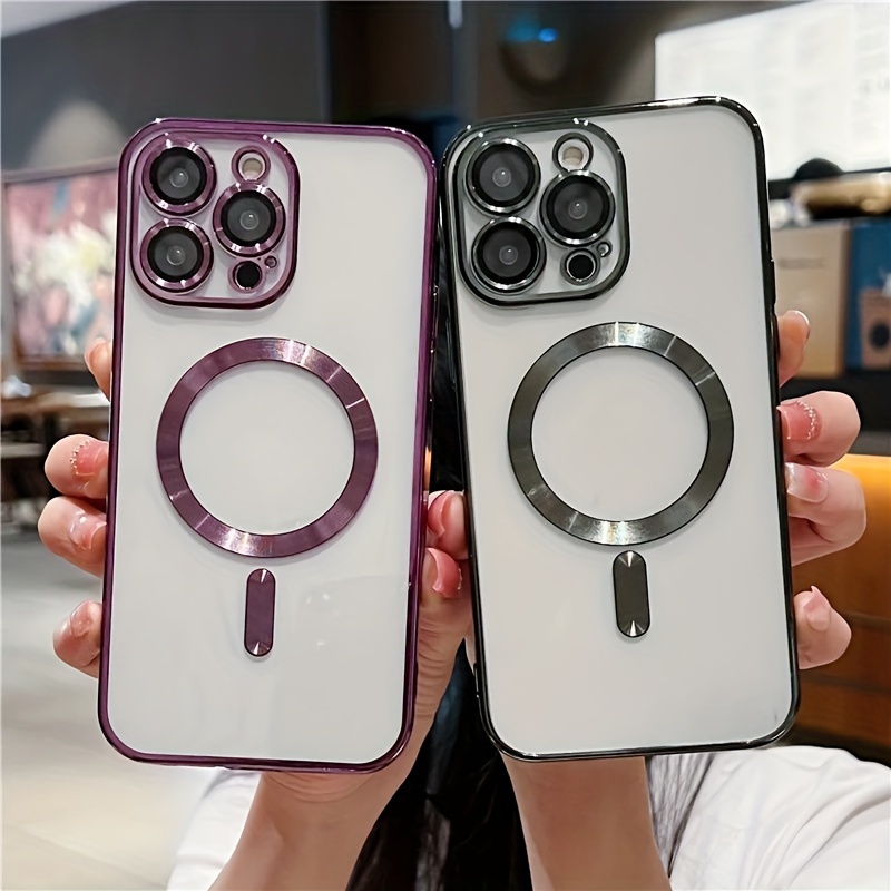 

High-quality Electroplated Magnetic Absorption Phone Case With Compatibility, Wireless Charging, Shockproof Protection, And Clear Tpu Material For Iphone - Includes Lens Film Protector