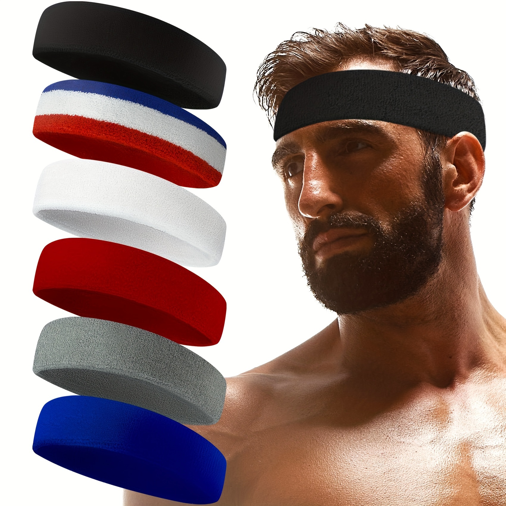 

6 Pcs/set Retro Sports Headband For Men & Women - Terry Cloth Moisture-wicking Towel Headband For Tennis, Basketball, Running, Gym, Fitness