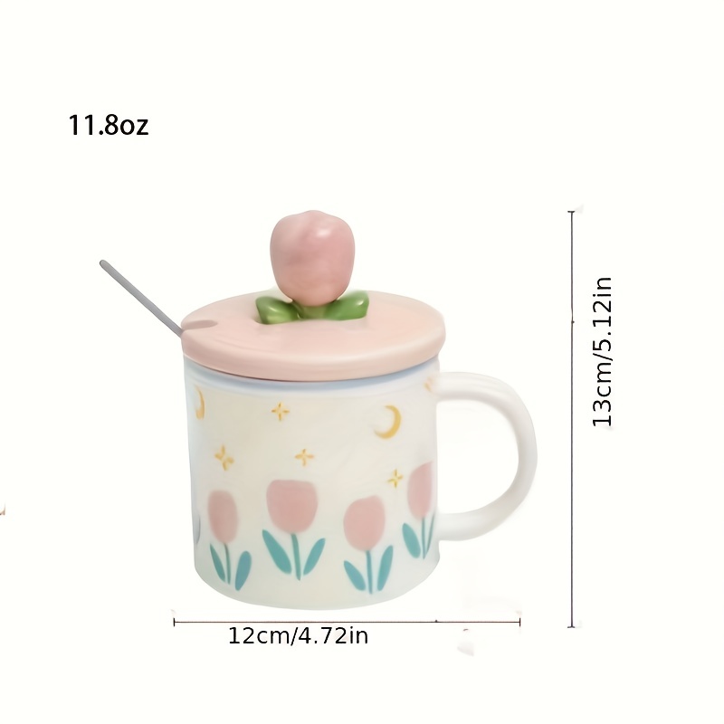 Tulip Ceramic Mug With Lid Spoon Straw Floral Cute Water Cup - Temu