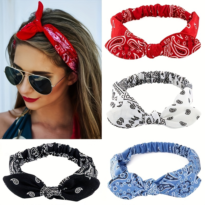 TEMU 4pcs Boho Paisley Print Rabbit Ear Headbands - Elastic, Hair Bands With Steel Wire For Women (red, White, Black, Blue)