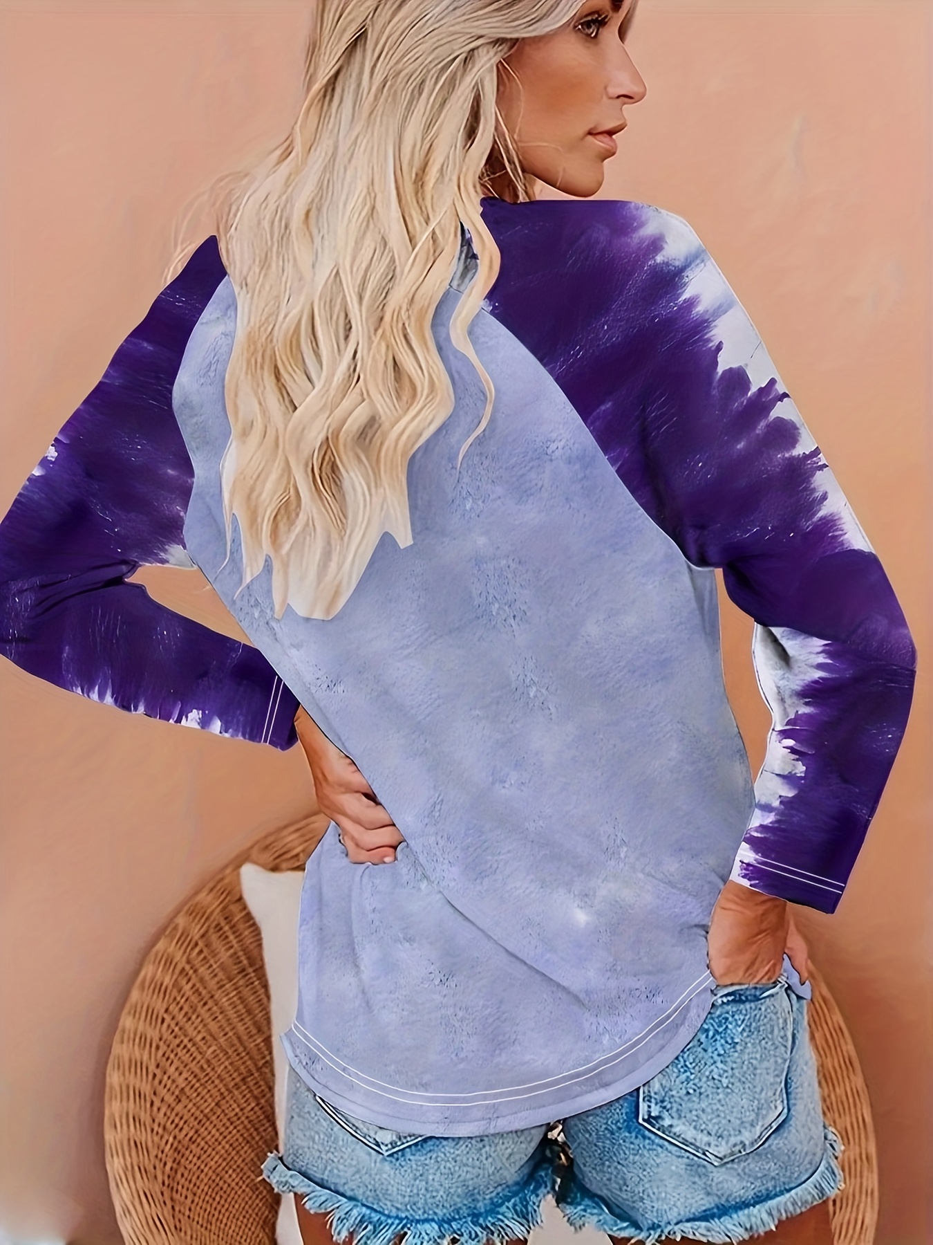 tie dye heart print crew neck t shirt casual long sleeve top for spring fall womens clothing details 0