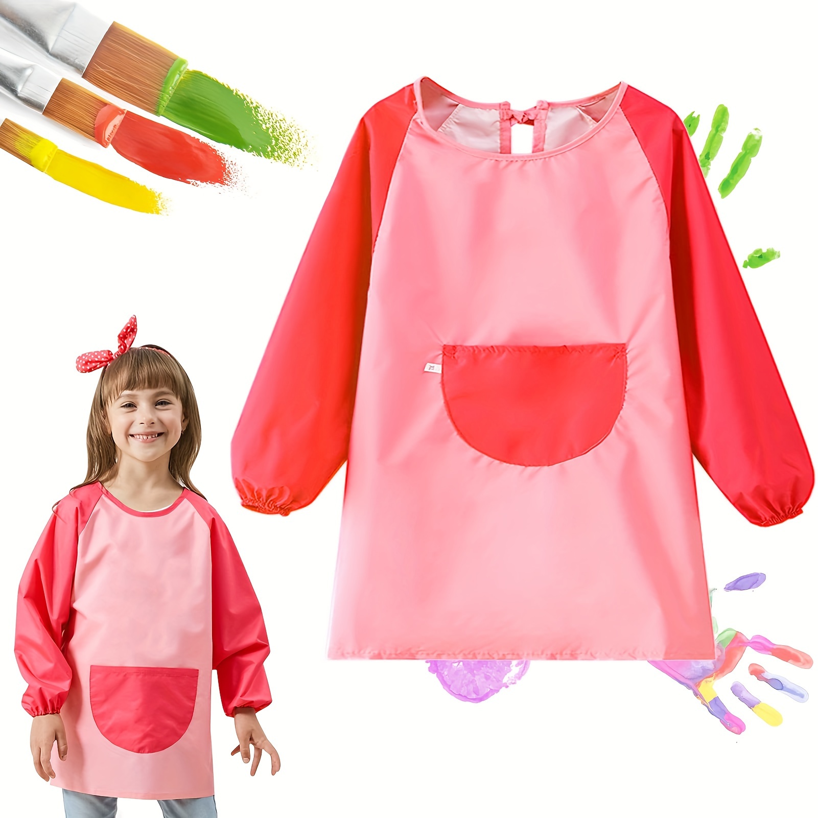Kids Art Smocks Painting Apron for Children Waterproof Artist Smock with Long Sleeve and 3 Pockets for Age 3-8 Years, Kids Unisex, Size: One size, Red