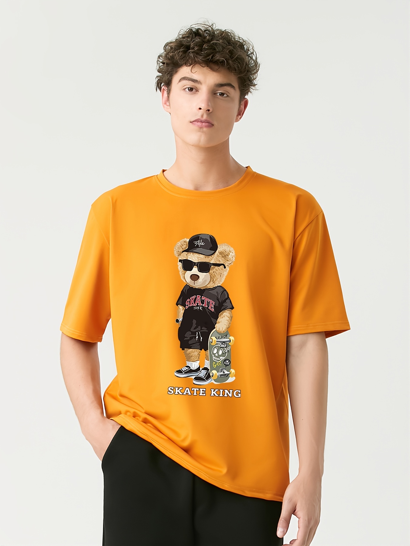 Men's Skate King Cartoon Bear Print Round Neck Short Sleeve T-shirt - Temu