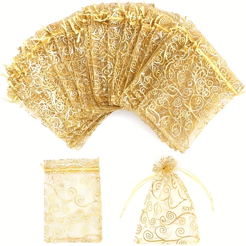 

100pcs, Golden Sheer Organza Bag, Mesh Favor Bags, Drawstring Jewelry Rattan Printed Gift Pouches For Wedding Party Favors Baby Shower Christmas Gifts Candy Bags, Wedding Supplies