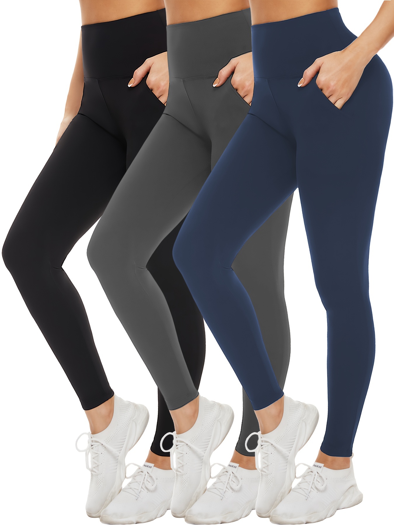 3pcs Sports Leggings With Pockets For Women, High Waisted Tummy Control  Workout Hip Lift Yoga Pants, Women's Activewear