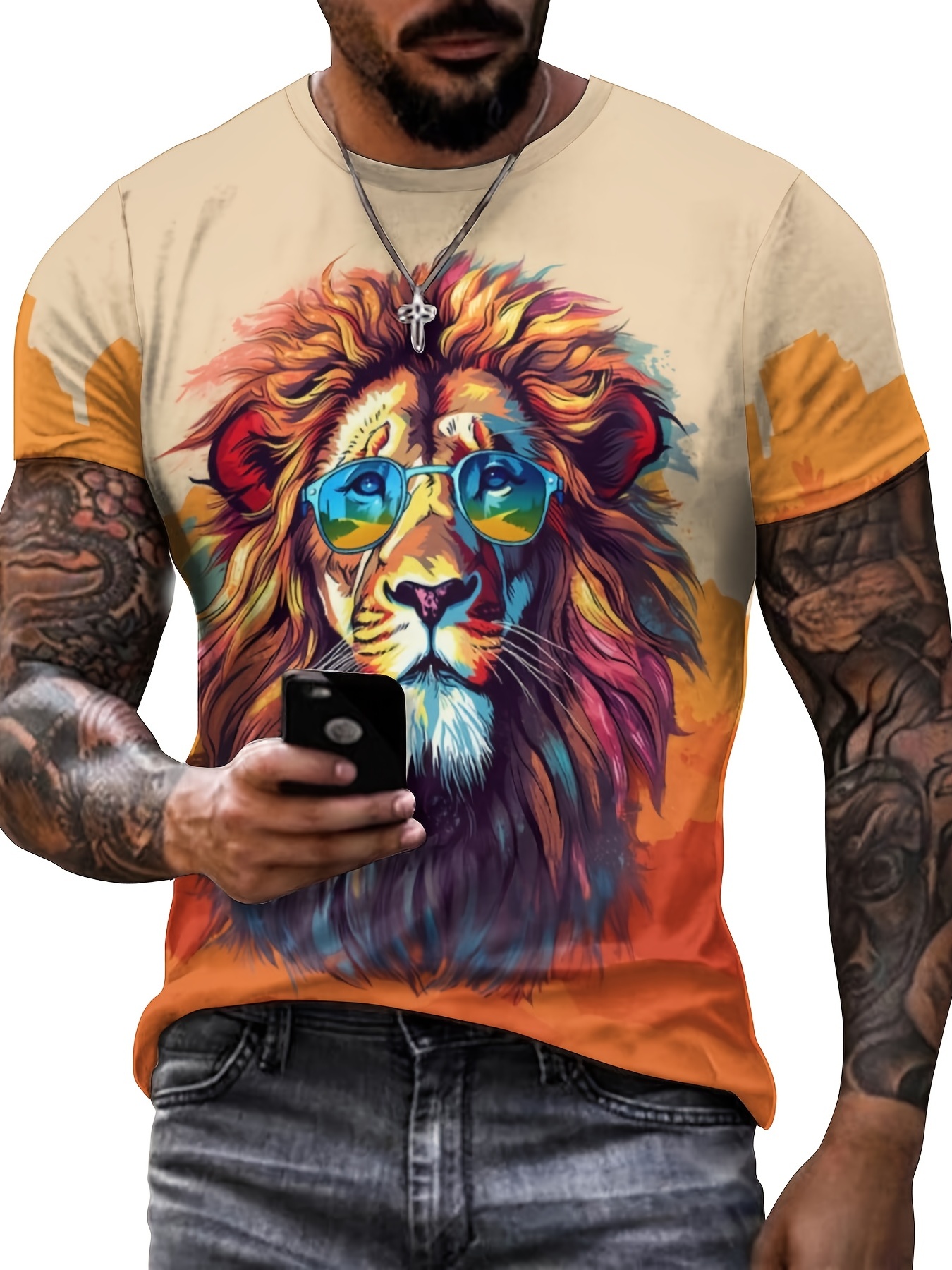 Men's 3D Lion T-shirt Stretchy Breathable Tee