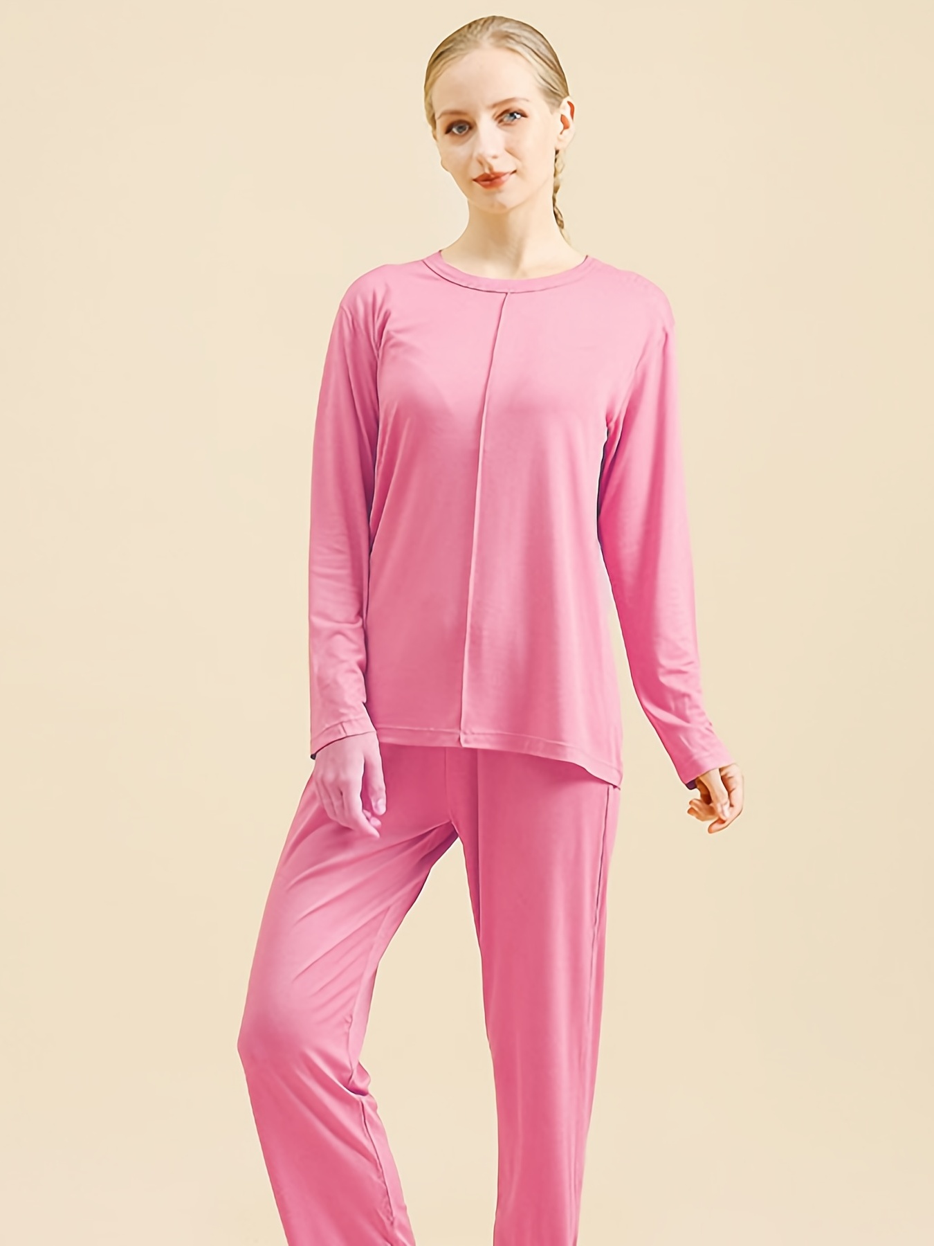 Soft Comfy Solid Pajama Set Long Sleeve Loose Tops Elastic - Temu