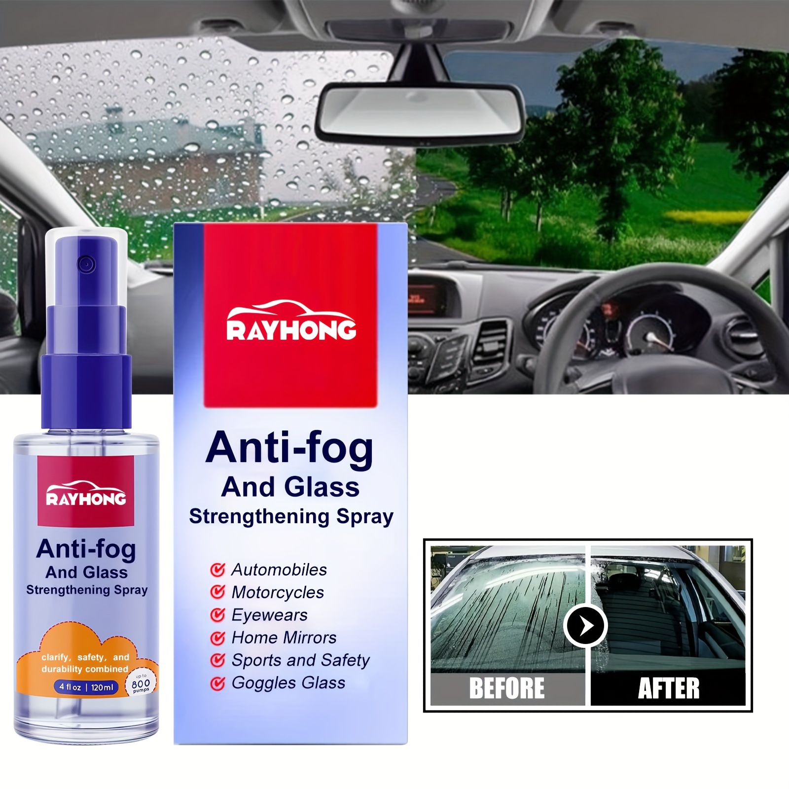 Automobile Glass Anti Fog Spray, Car Glass Anti-Fog Rainproof Spray, Anti  Fog Rain Spray, Anti Fog Windshield & Glasses Spray, Car Glass Waterproof  Coating Agent,Anti Fog Spray, 120ML : : Automotive