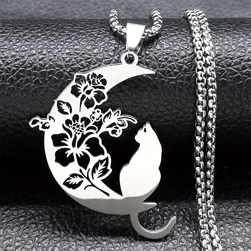 E-shop Eine stilvolle Katzenblumen-Halskette im Halbmond-Design für Damen und Herren, hergestellt aus Edelstahl in Silberfarbe, als bohemian Geschenk